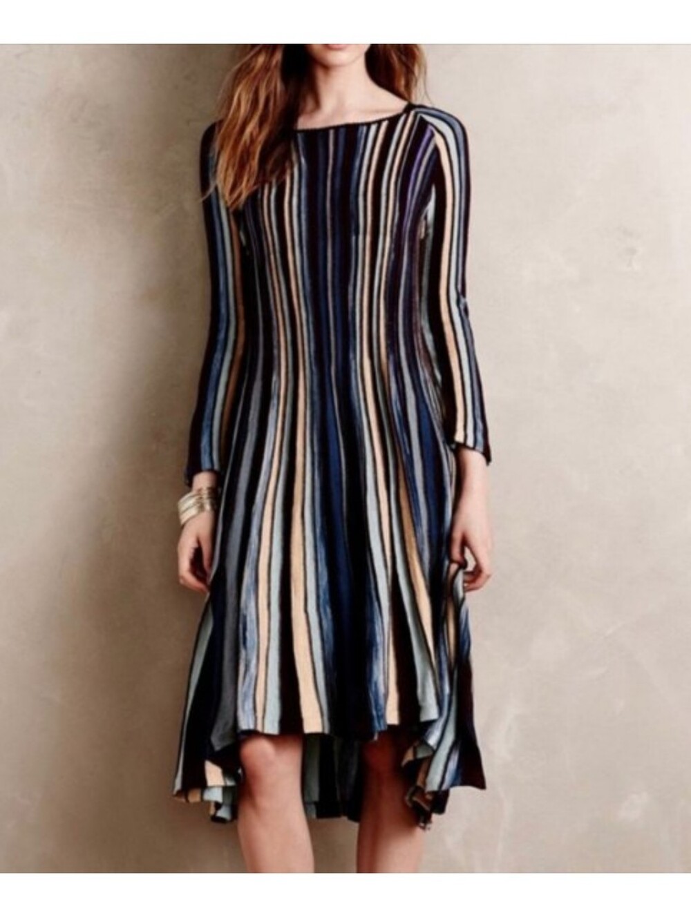 Anthropologie Striped High-Low Knit Dress in Blue and Cream